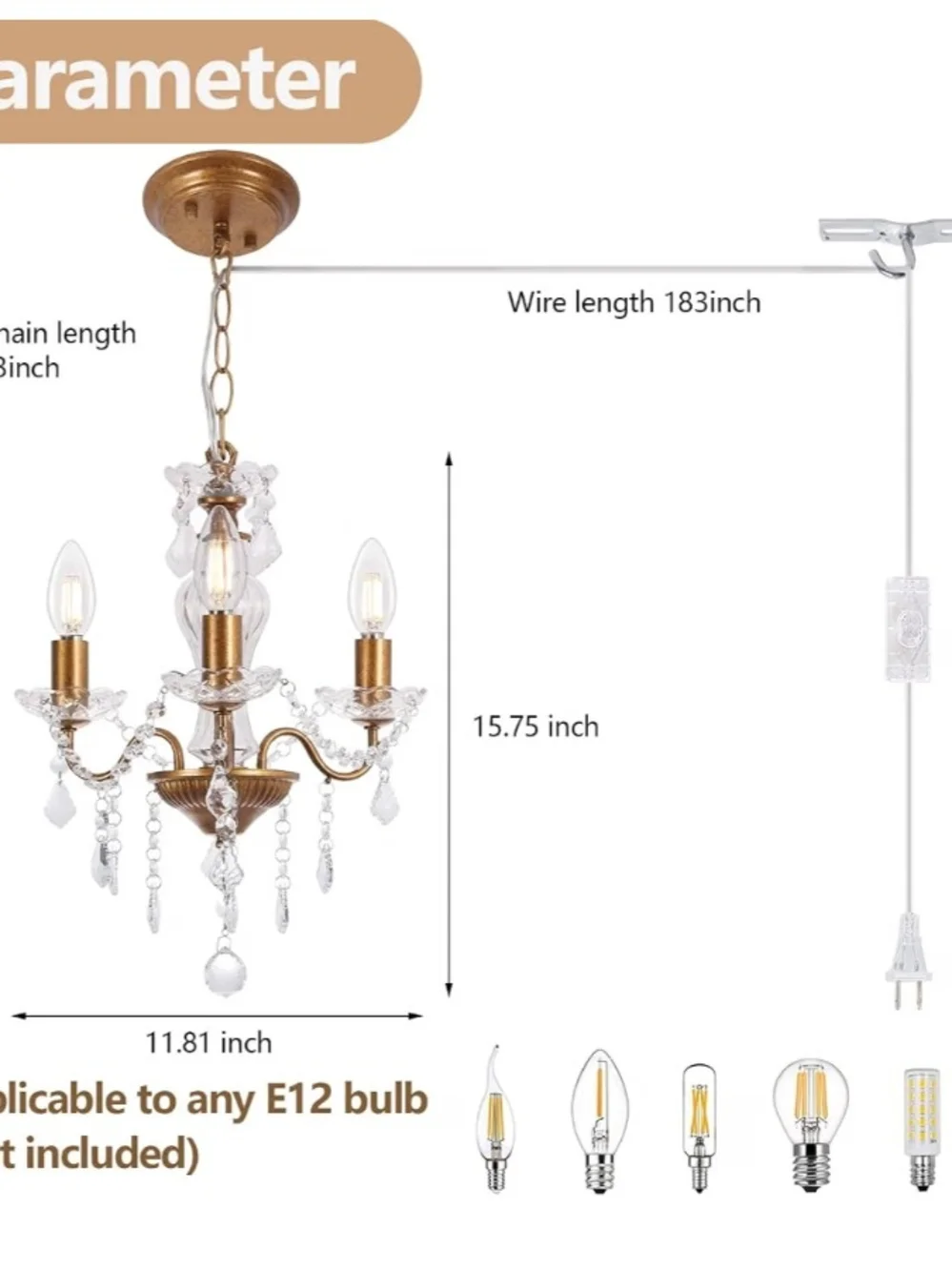Crystal and Gold 3-Light Small Chandelier - NIB